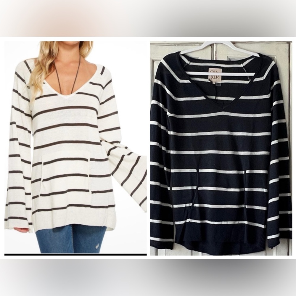 🟠NEW CHASER 100% Linen Bell Sleeve Kanga Pocket Striped Pullover in Navy/White S